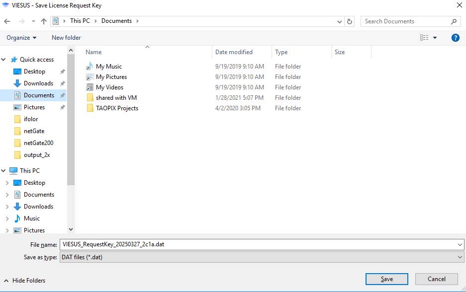Save license request file dialog