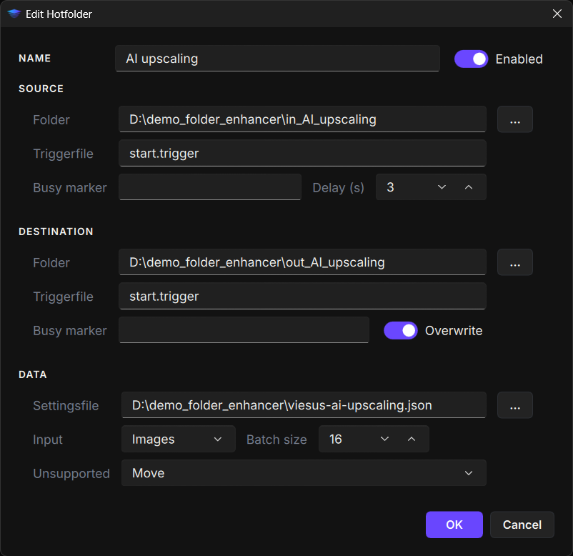 Define Hotfolder dialog showing source, destination, and data settings